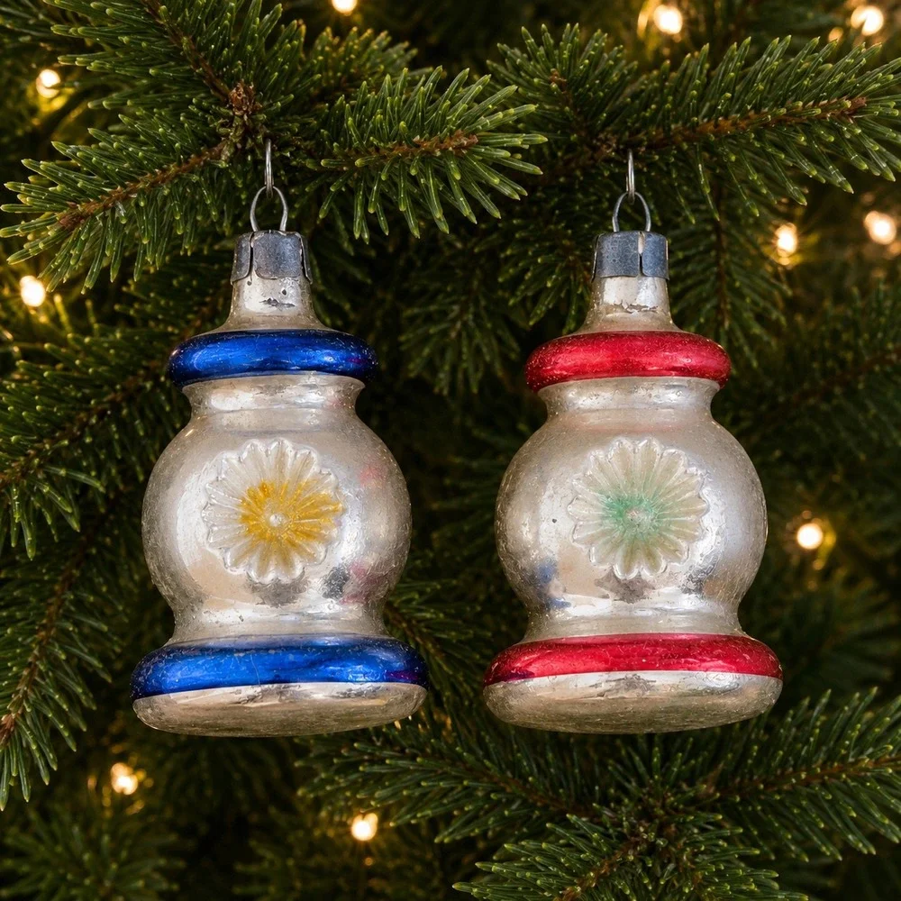 Set of 2 Premier Mercury Glass Double Indent Lantern Christmas Ornaments  1950's